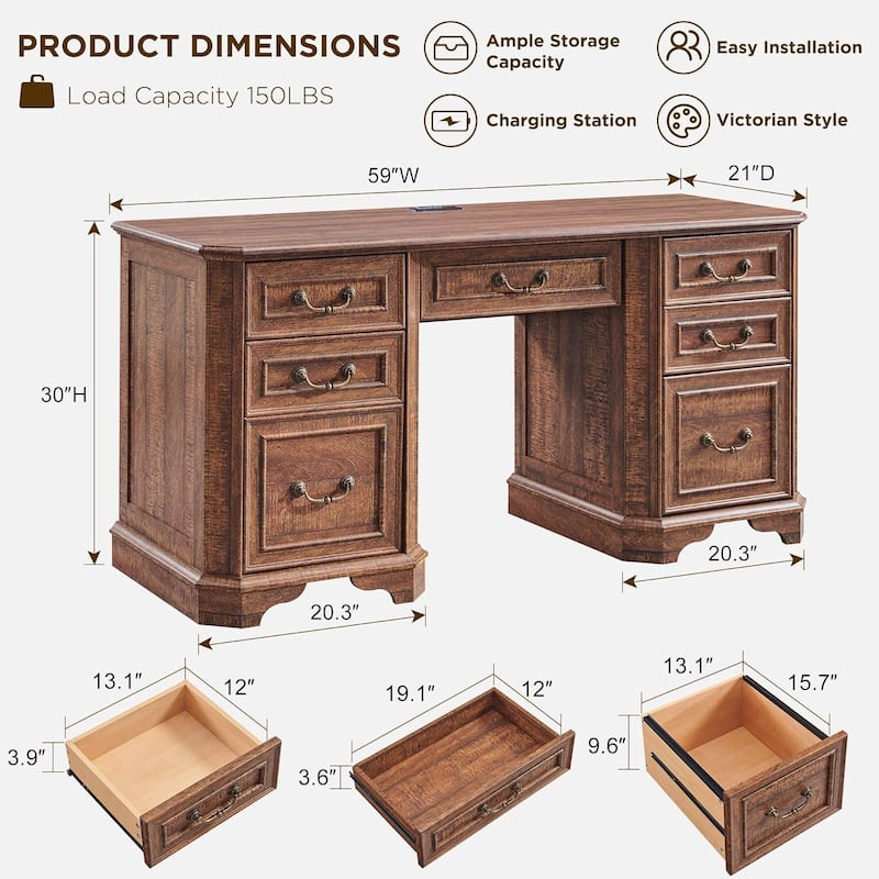 Farmhouse Executive Desk with Drawers, Wood Home Office Computer Desk