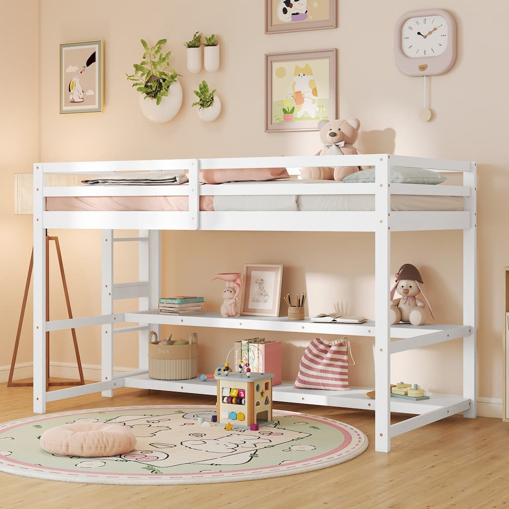 White Wood Frame Twin Loft Bed with Storage Shelves and Ladder Guardrails for Kids Room