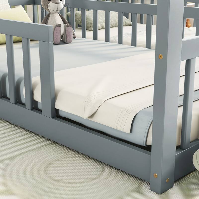 Double Twin House-Style Floor Bed with Fence