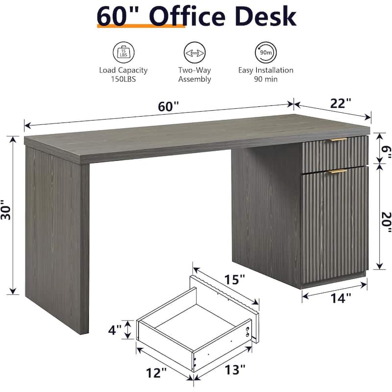 60" Modern Executive Desk, Wood Home Office Desk, Fluted Computer Desk
