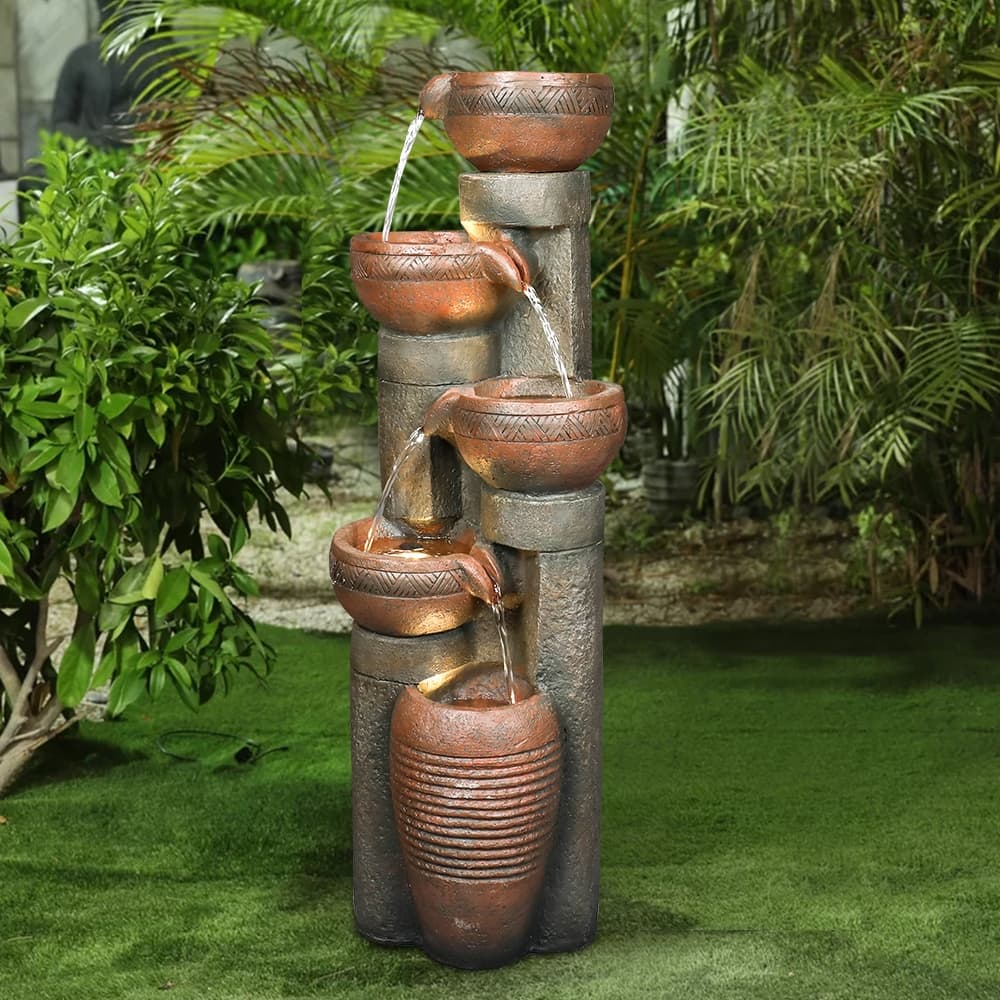 5-Tier Outdoor Water Fountain Resin Waterfall Decor with LED Lights