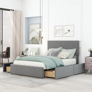 Grey Full Size Velvet Upholstery Platform Bed, Adjustable Headboard, 4 ...