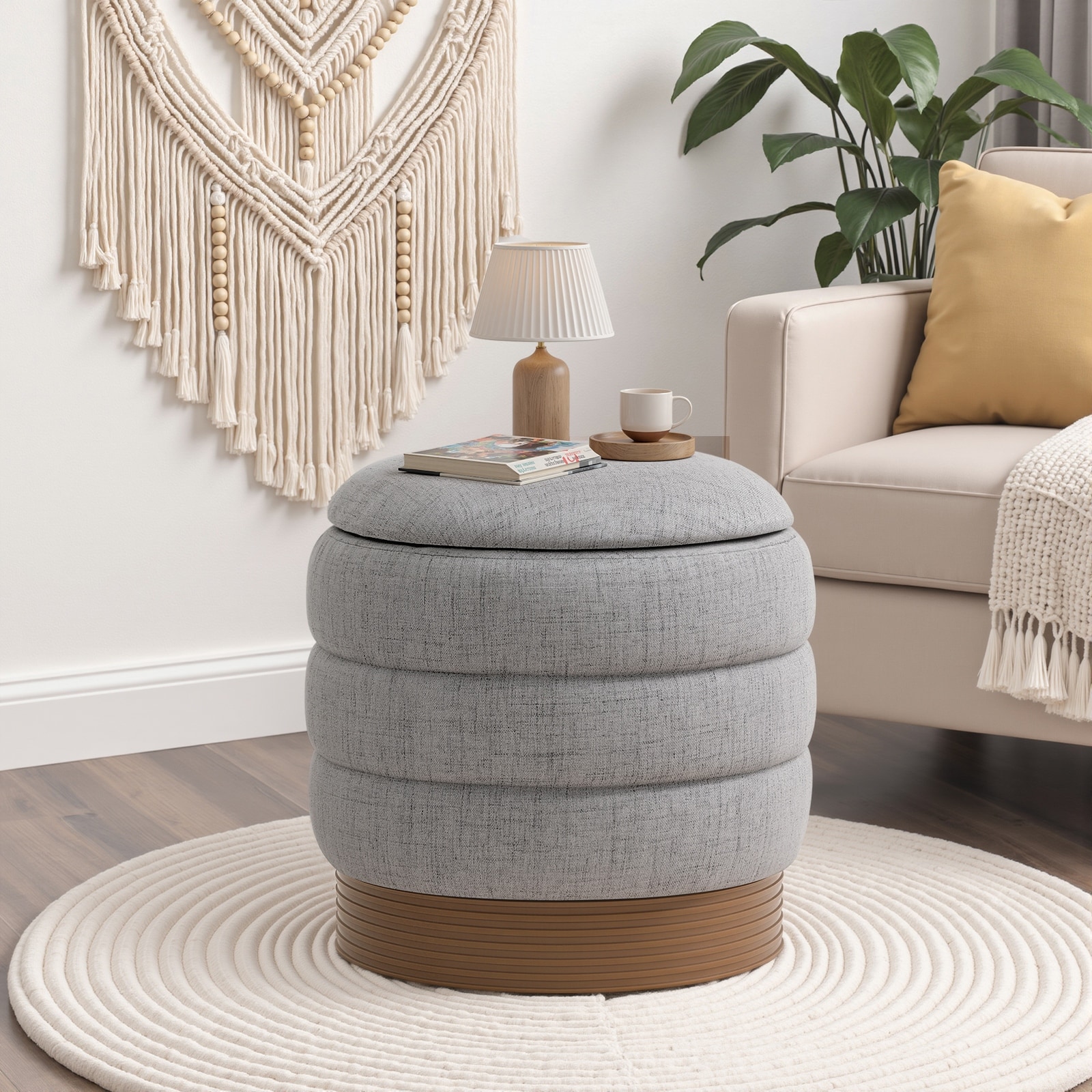 Round Swivel Storage Ottoman Footrest Linen Upholstered Accent Seat with Tray Top, Fully Assembled and Acacia Wood