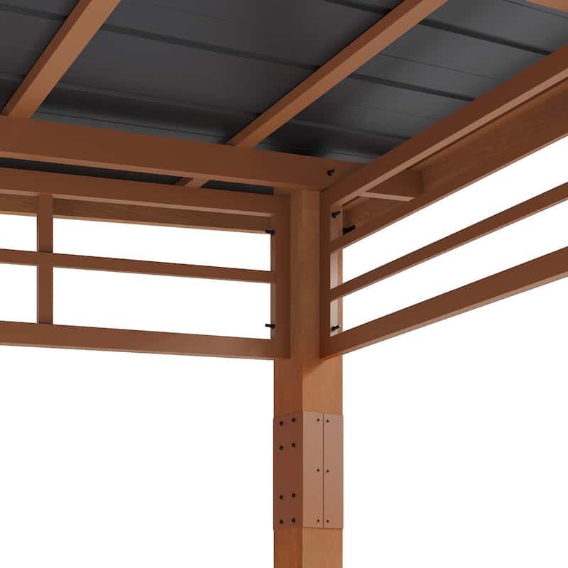 10x12 ft Outdoor Pavilion Wooden Gazebo with Hardtop Metal Roof Shelter for Patio, Backyard, Garden