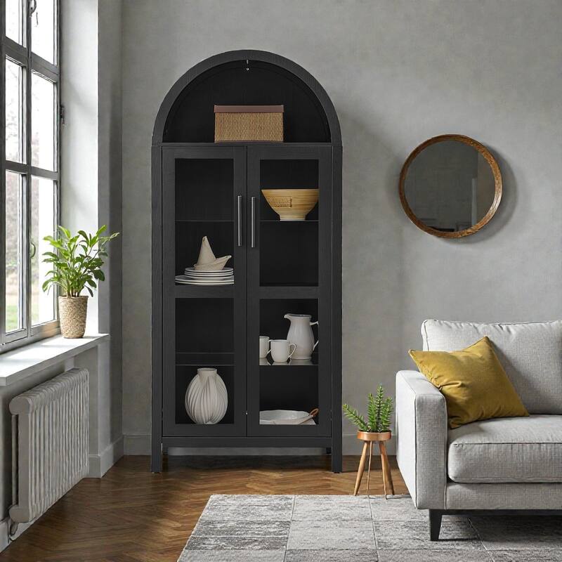 High Arched Wooden Storage Cabinet with LED Light, Adjustable Glass Shelves, Modern Retro Multi-Functional Display Locker