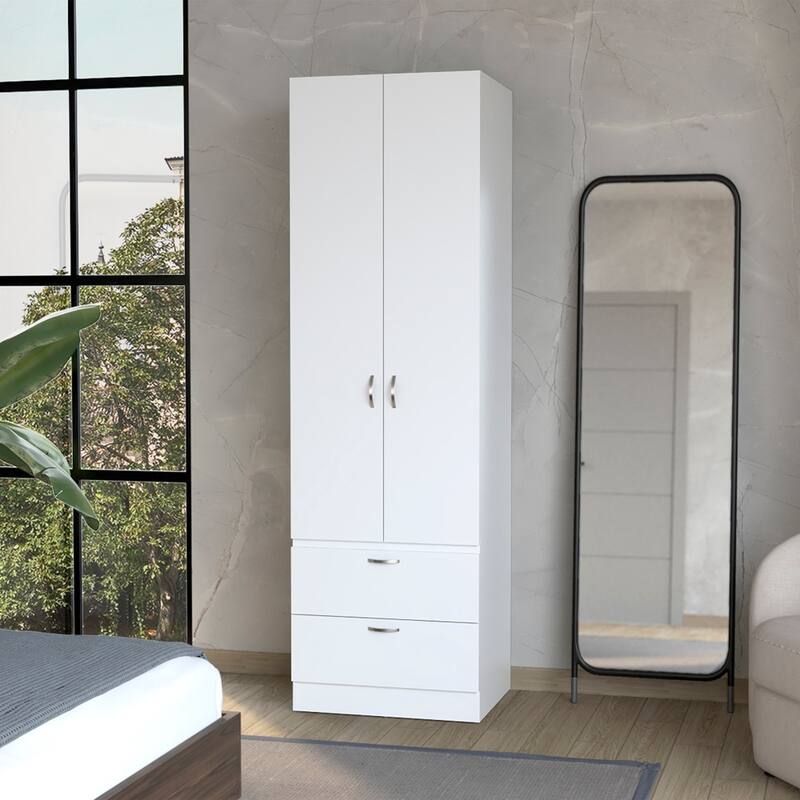 19.5" Modern Double-door Armoire with Hanging Rod, One Shelf and Two Exterior Drawers