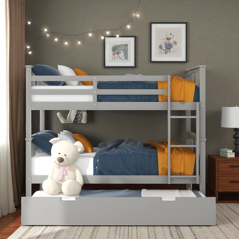 Full over Full Bunk Bed with Twin Trundle and Ladder, Convertible Wooden Frame with Guardrails and No Box Spring Needed
