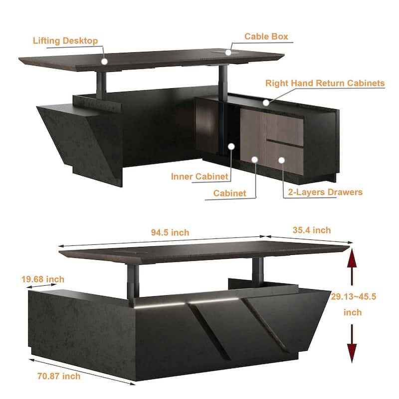 Adjustable Executive CEO Office L Shaped Desk with Drawer File Cabinets and LED Light