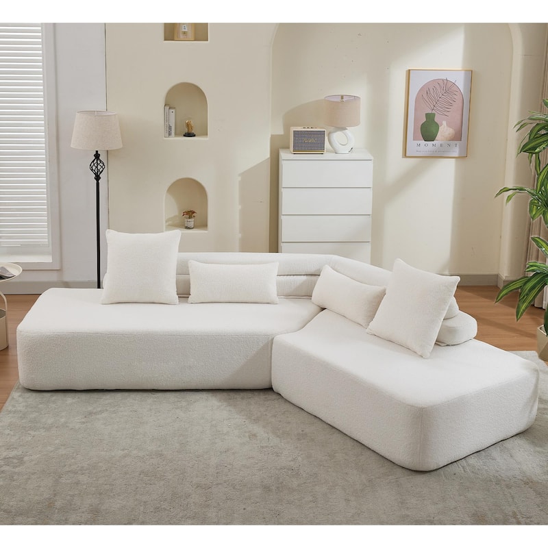 128" Minimalist Cloud 4-Seater Modular Sofa, Beige Boucle Teddy Fabric, No Assembly