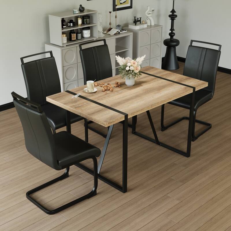 Leather Armless Dining Chairs, Retro Dining Table Coffee Table with Metal Frame, Home Office Table and Chair Set - Black