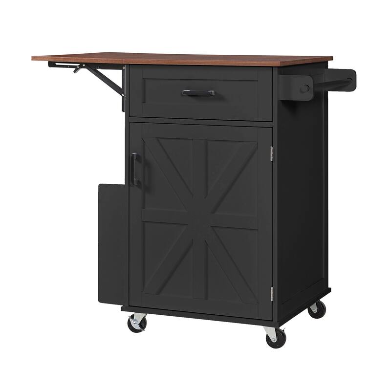 39.3" Kitchen Island with Drop Leaf, Kitchen Storage Island with Open Side Rack, One Drawer, Towel Rack, with Lockable Wheels