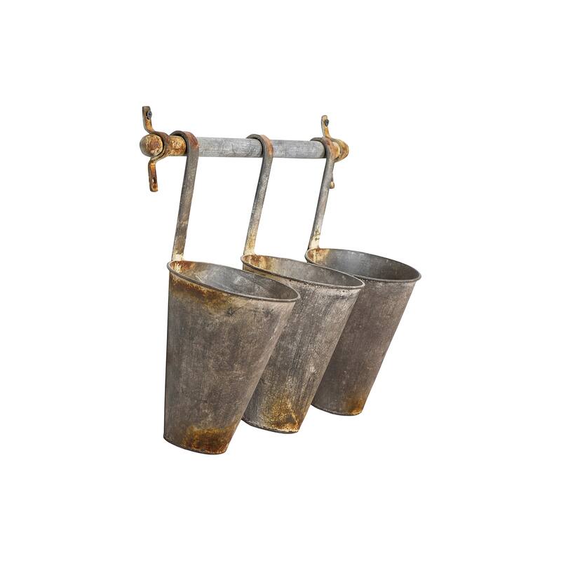 Antiqued Metal Wall Rack with 3 Hanging Tin Pots - Grey