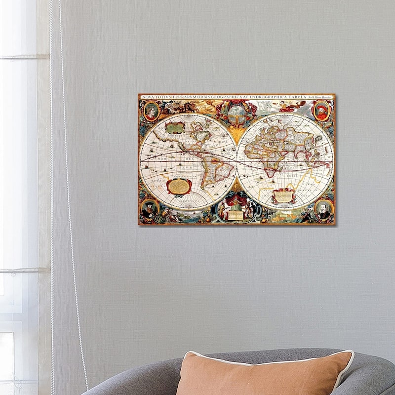 iCanvas "Antique Double Hemisphere Map of The World (Hondius, Henricus c 1630)" by Unknown Artist Canvas Print - 18x26x1.5