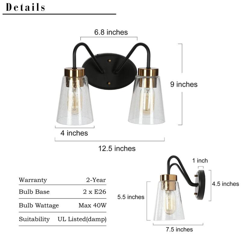 Modern Black Gold Bathroom Vanity Light Wall Sconces with Seeded Glass