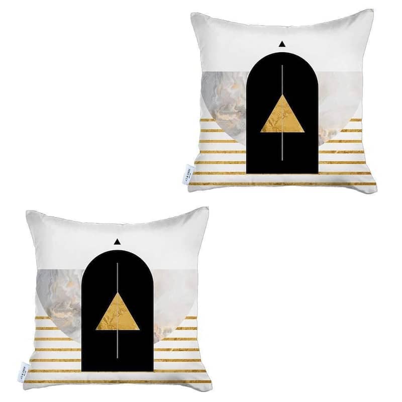 HomeRoots Set Of Two 18" X 18" White Black And Gold Abstract Zippered Handmade Polyester Throw Pillow