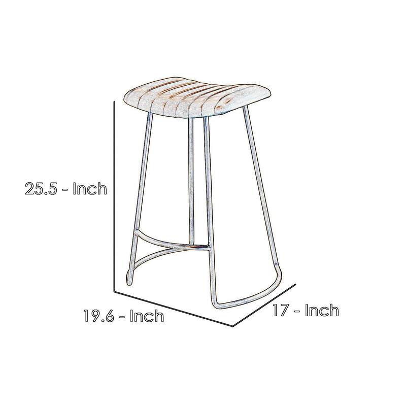 Counter Stool with Leatherette Vertical Channel Stitching, Brown and Antique Brass