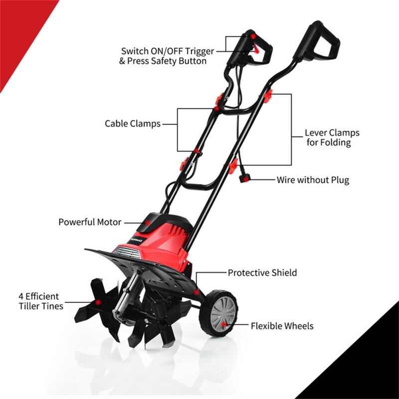 Electric Garden Tiller Cultivator 10 Amp with 14-Inch Working Width and 4 Blades for Soil - 41" x 40" x 14.5" (L x W x H)