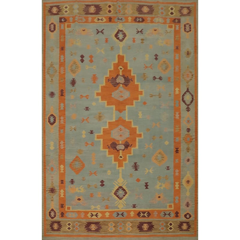 Hand Woven Oriental 100% Wool Carpet Southwestern Tribal Navy Blue & Blues Kilim Area Rug - 13' 0'' X 9' 9''