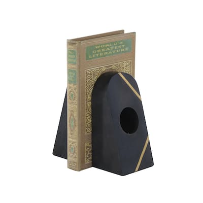 Marble Geometric Curved Pyramid Decorative Bookends with Diagonal Gold Stripes - Set of 2 Black - Roche River Decor