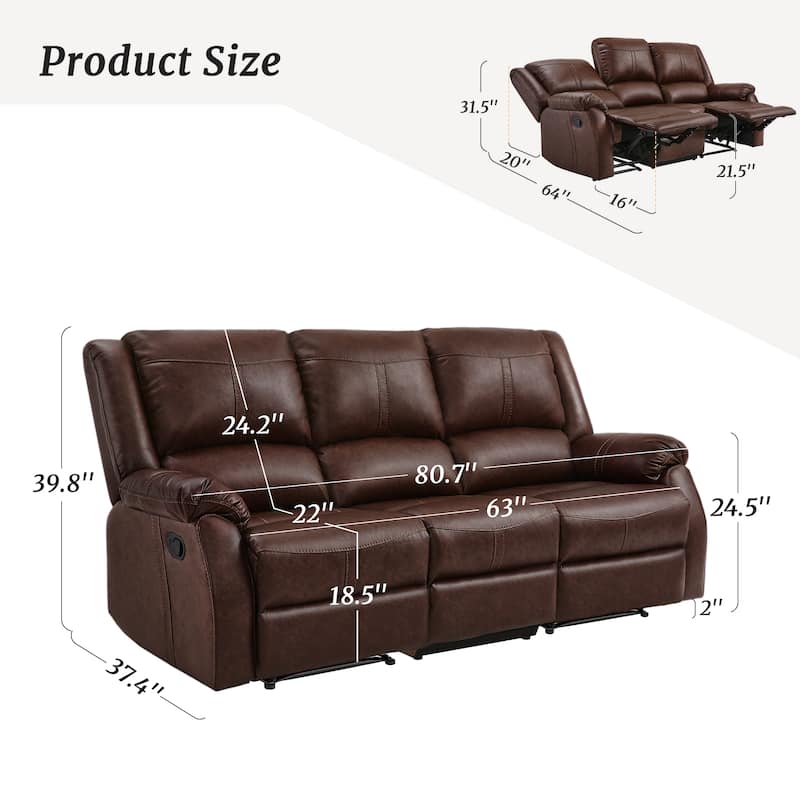 Manual Recliner,Faux Leather Reclining Sofa Set, 3-Seater Reclining Sofas For Living Room - 80.7"W X 37.4"D X 39.8"H