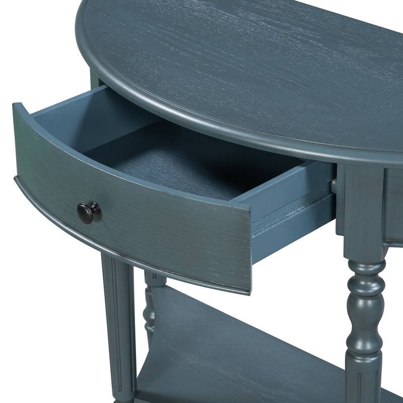 Farmhouse Half Moon Console Table with Drawer and Shelf for Entryway and Living Room Decor