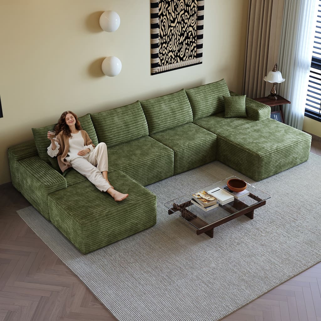 U Shaped Cloud Sectional Sofa with Chaise Lounge & Ottoman, Corduroy Upholstered 5 Seat Sofa, Modular Deep Seat Corner Sofa