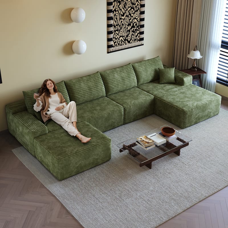 U Shaped Cloud Sectional Sofa with Chaise Lounge & Ottoman, Corduroy Upholstered 5 Seat Sofa, Modular Deep Seat Corner Sofa - Green