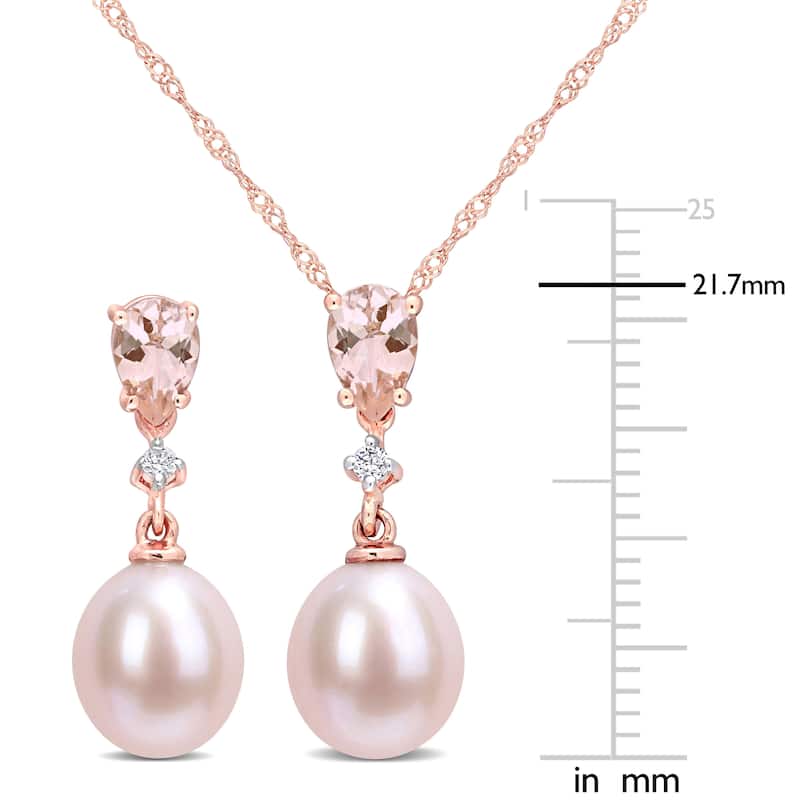 Miadora Cultured FW Pearl, Morganite & Diamond Accent Earrings & Necklace in 10k Rose Gold (9-9.5mm)