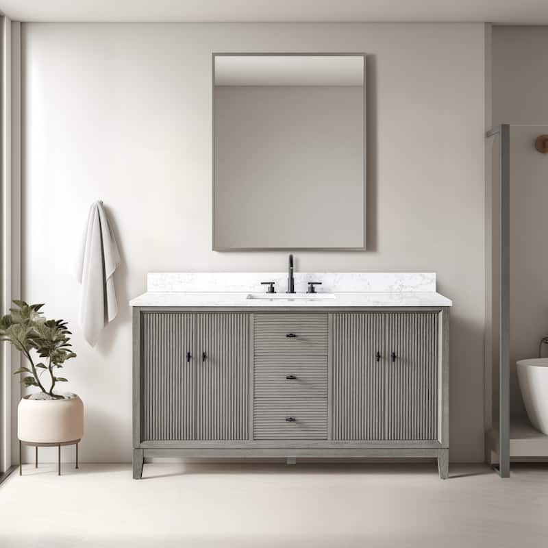 Vanity Art 60" Freestanding Bathroom Vanity with Engineered Marble Top and Sink - 60"/Matte Black - Driftwood Gray