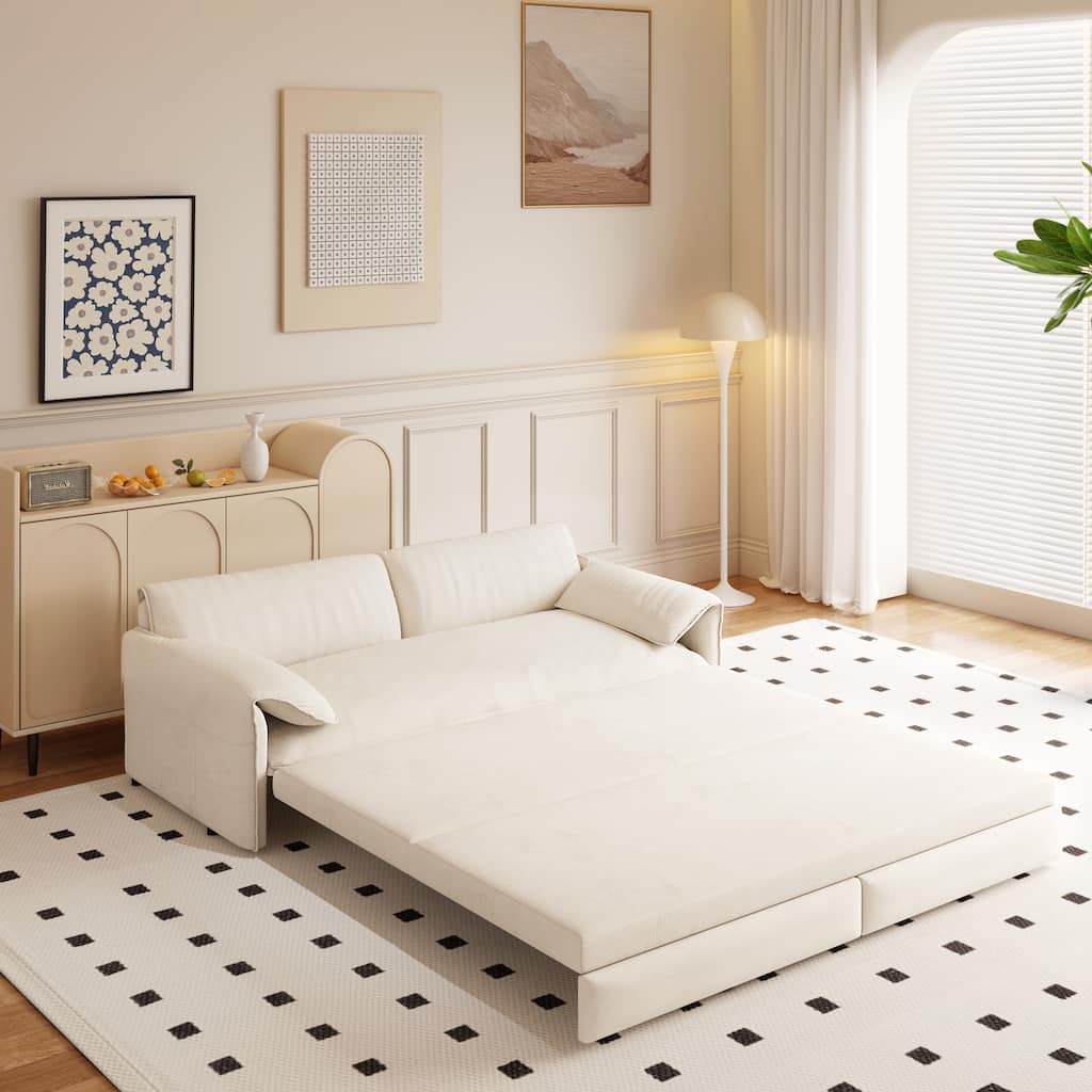 3-in-1 Convertible Velvet Sofa Bed with Side Pocket Storage, Pull-Out Queen Sleeper Sofa, Chaise Lounge Loveseat