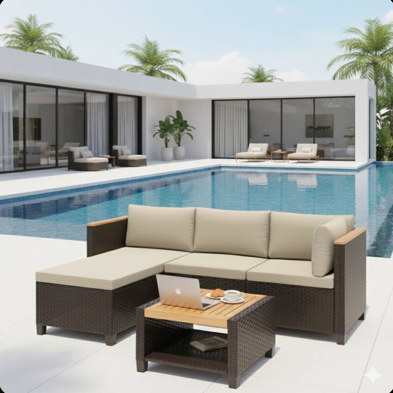 3-Piece L-Shaped Wicker Set with Beige Cushions and Acacia Wood Storage Table