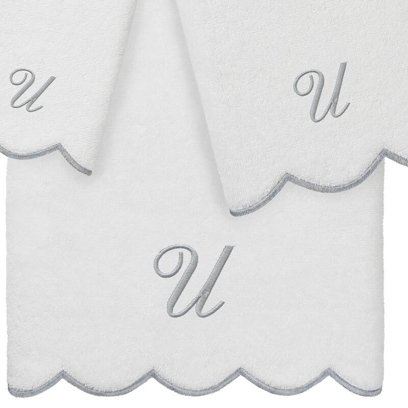 Authentic Hotel and Spa 100% Turkish Cotton Grey ADORNIA Scallop Personalized 3 Piece Towel Set - 3 Piece Set