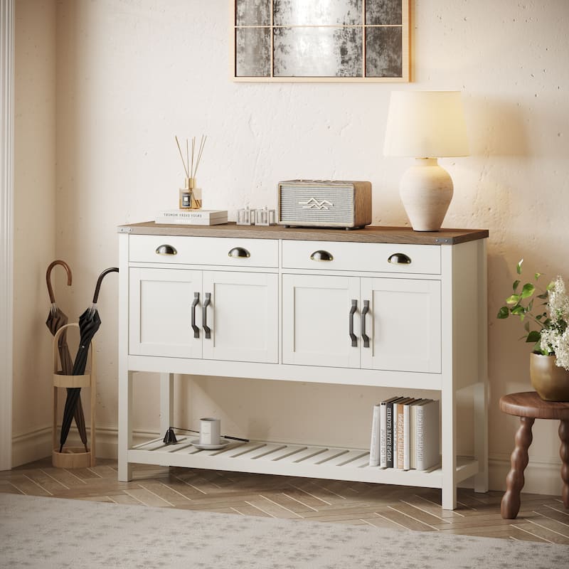 47'' Modern Farmhouse Console Storage Table - Two Drawers, Four-Door Cabinet with Adjustable Shelves & Slatted Display Shelf