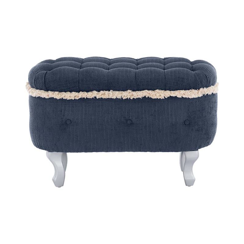Roomfitters Upholstered Storage Bench with Button Tufted Top, End of Bed Bench with Fringe and Curved Legs