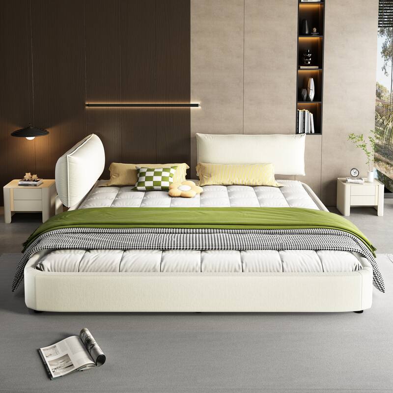King Size Cloud Bed Frame with Oversized Padded Movable Headboard, Chenille Upholstered Bed with Round Corner