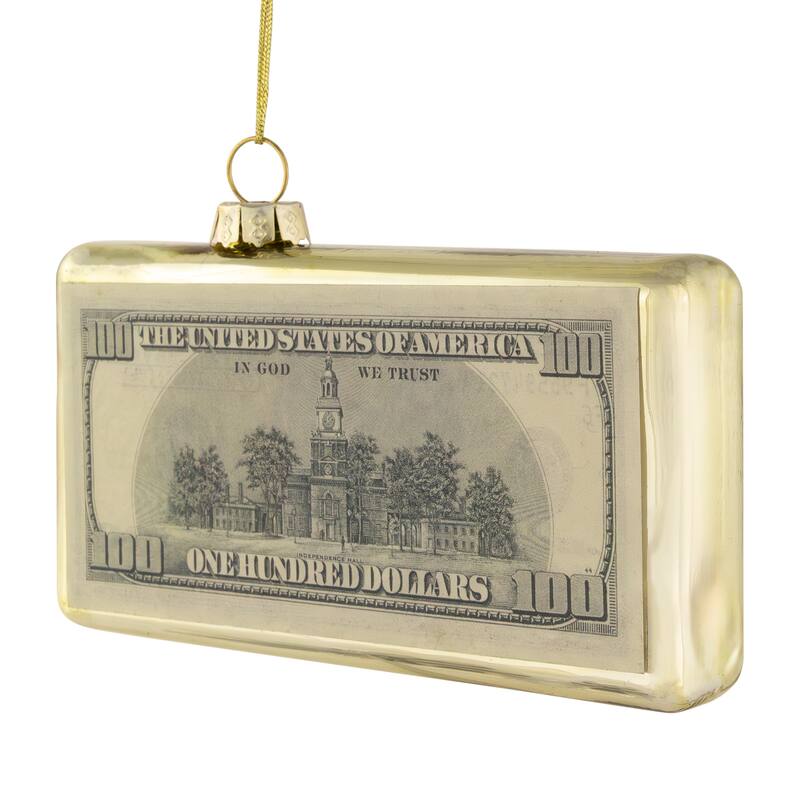 4.5" Gold 100 Dollar Bill Glass Christmas Ornament