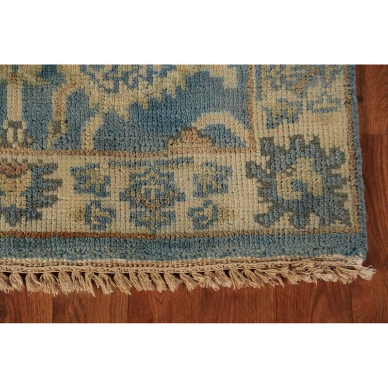 Blue Geometric Oushak Indian Runner Rug Hand-Knotted Wool Carpet - 2'7"x 7'9"