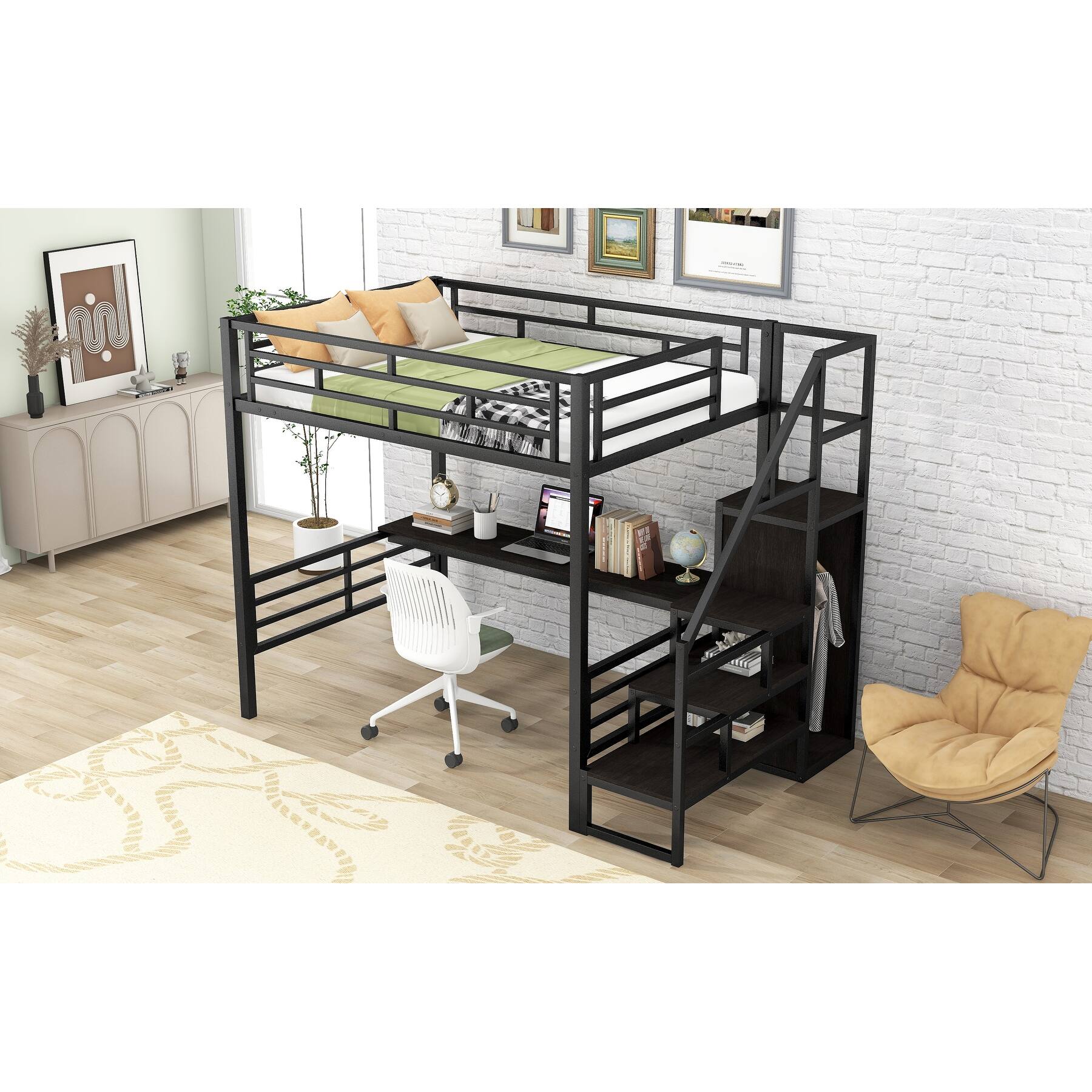 Black Metal Full Size Loft Bed with Desk, Storage Staircase and