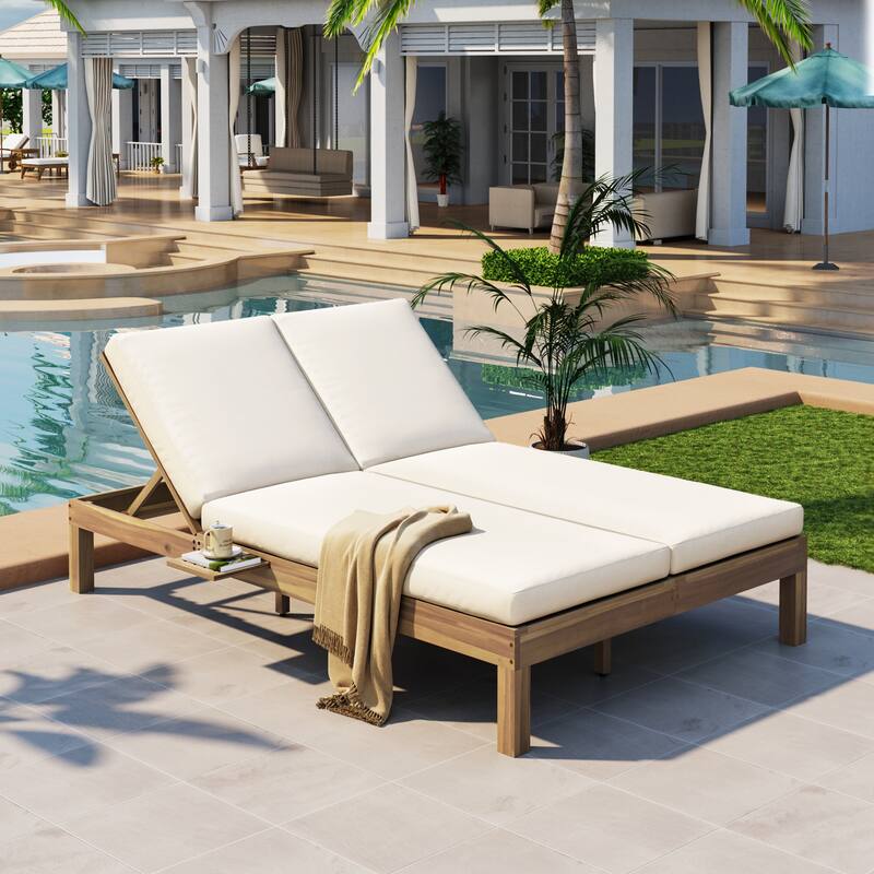 Elegant 5-Position Adjustable Double Chaise Lounge with Side Table by Leisure Zone - Light Teak