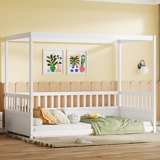 Children's Style Drop-down Roof Bed,Wooden Montessori Floor Bed