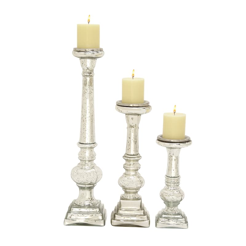 Glass Handmade Turned Style Pillar Candle Holder - Set of 3 Silver - Roche River Decor - 4"W x 4"L x 11"H