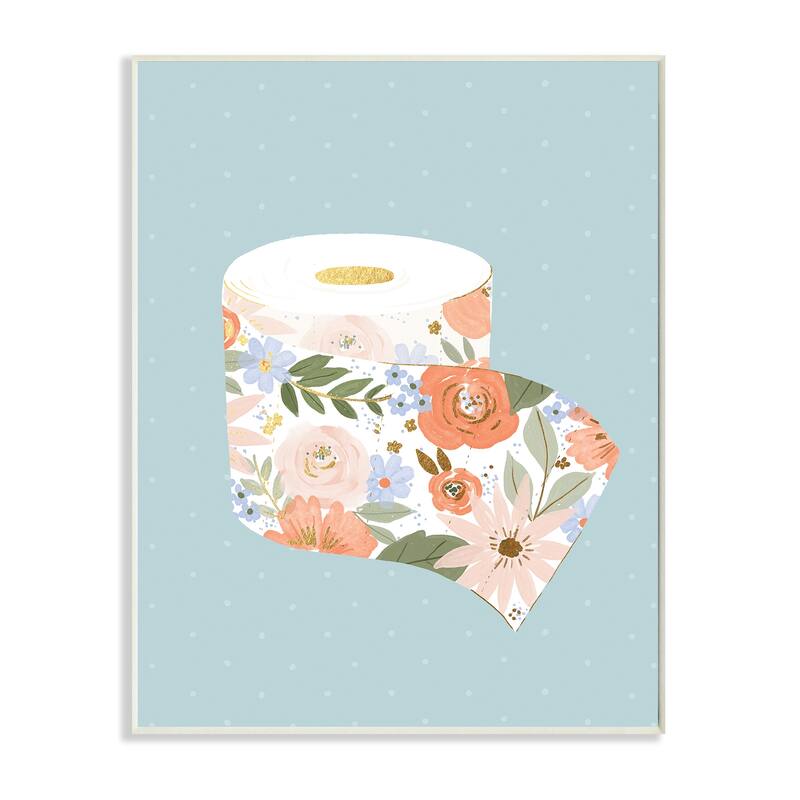 Stupell Spring Floral Print Toilet Paper over Blue Wood Wall Art - Pink - 10 x 15