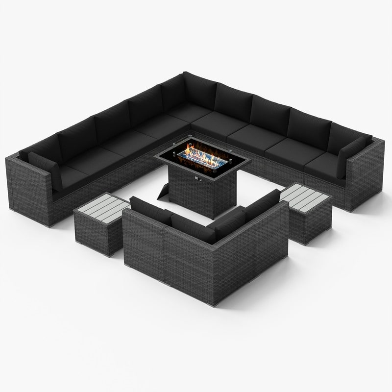 FINCATI 15-Piece Grey Wicker Patio Conversation Set with 43" Fire Pit - Black
