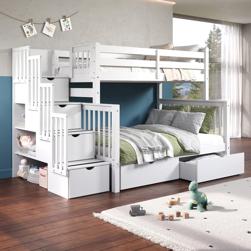 Taylor & Olive Trillium Twin over Full Stairway Bunk Bed, 2 Drawers - White