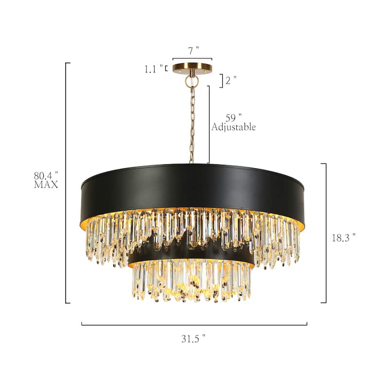 Modern Black Gold 18-Light 2-Tier Drum Crystal Chandelier for Dining Living Room Hallway - 31.5" Dia. x 18.3" H