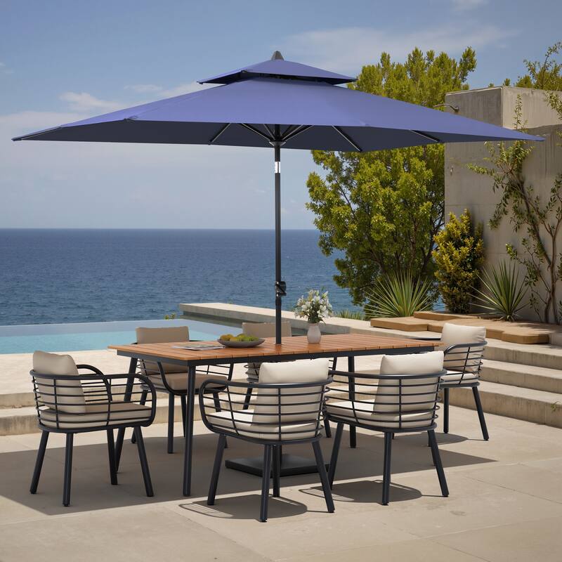 9PC Outdoor Patio Dining Set Aluminum Table with Sunbrella Cushion Chairs w/ Market Umbrella Sets
