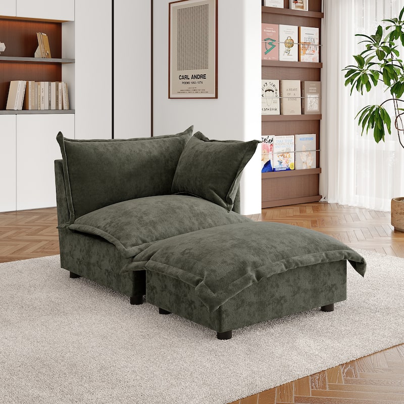 Double Layer Cushion Comfy Cloud Modular Sectional Sofa Set - Corner Sofa+Ottoman-Grey Green - Right Facing