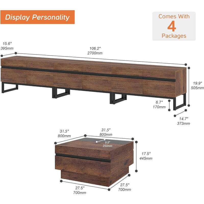 WAMPAT Modern TV Stand and Coffee Table Set of 2, Brown