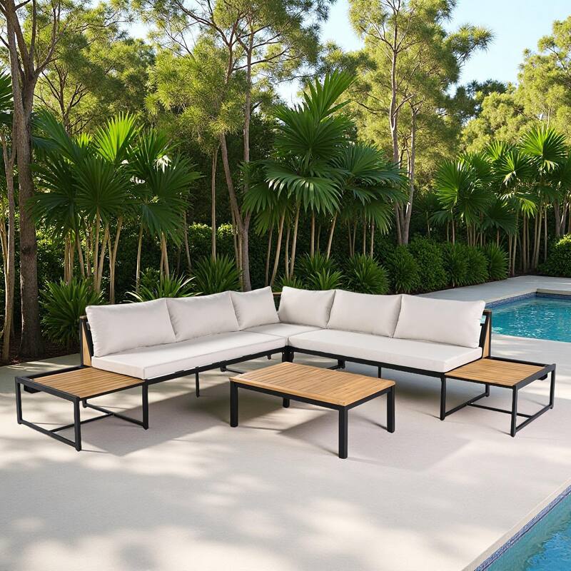 4-Piece Outdoor Patio Iron Sectional Sofa Set with Coffee Table and Side Storage Shelf - Beige