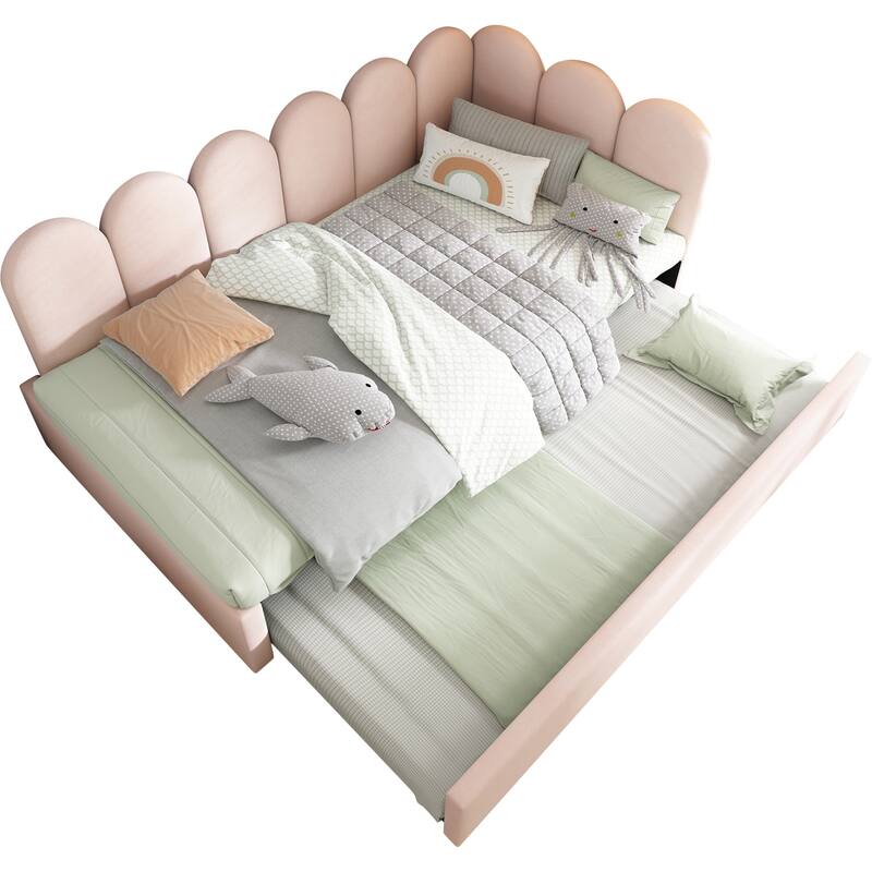 Roomfitters Velvet Upholstered Twin Daybed with Pull Out Trundle, Sofa Bed with Metal Slat Frame